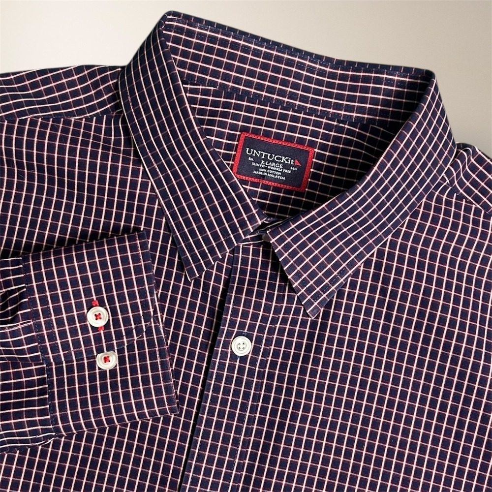 UNTUCKit Graach WF Slim Fit Blue Red Plaid Long Sleeve‎ Button Up Shirt Men's XL